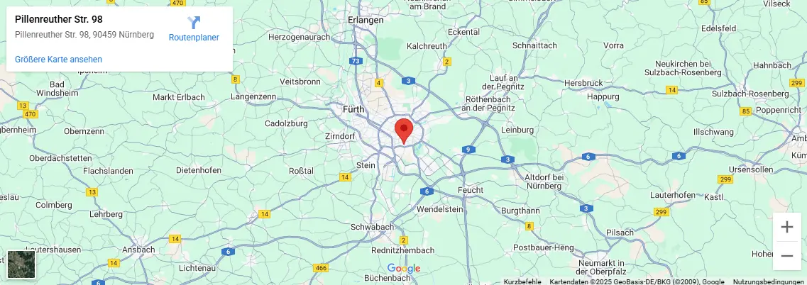 Karte mit Standort von nbg solar, Photovoltaik Anbieter in Nürnberg und Umgebung
